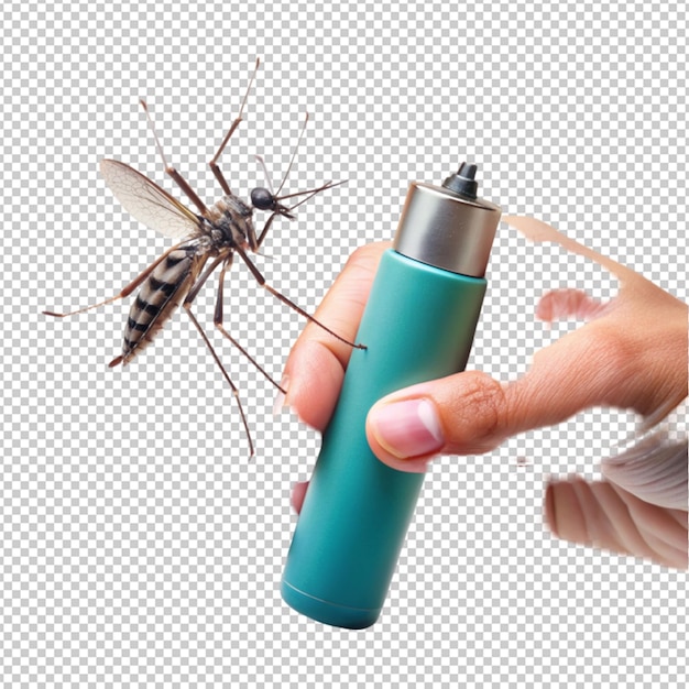 PSD concepto of hand holding mosquito spray on transparent background