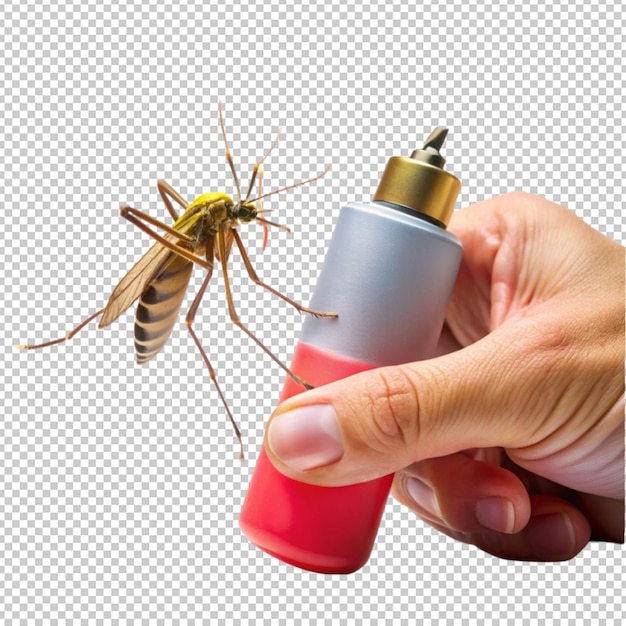 PSD concepto of hand holding mosquito spray on transparent background