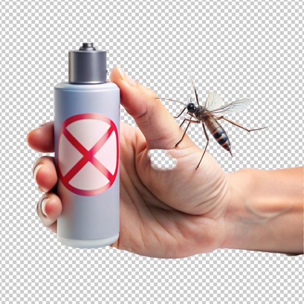 PSD concepto of hand holding mosquito spray on transparent background