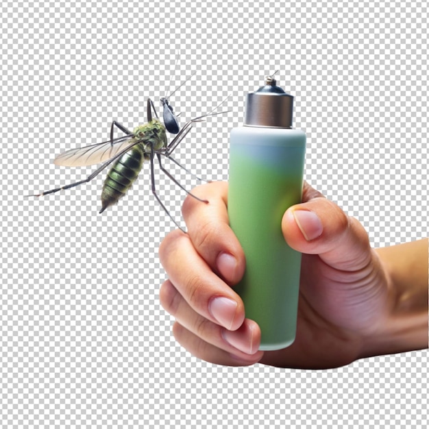 PSD concepto of hand holding mosquito spray on transparent background