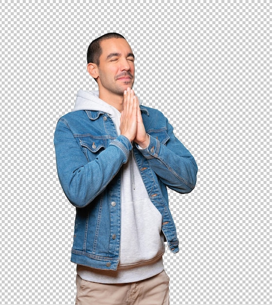 Concerned young man praying gesture