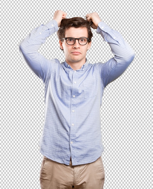 Concerned young man with a depression gesture