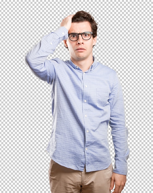 Concerned young man with a depression gesture