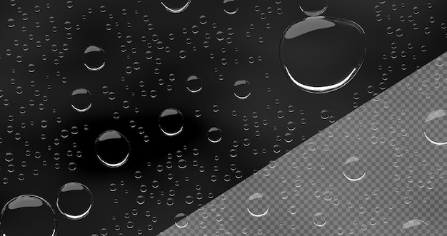 Condensation water drops on black glass background 3D render Realistic clear droplets of dew or rain with light reflection on dark window surface Pure liquid texture wet pattern