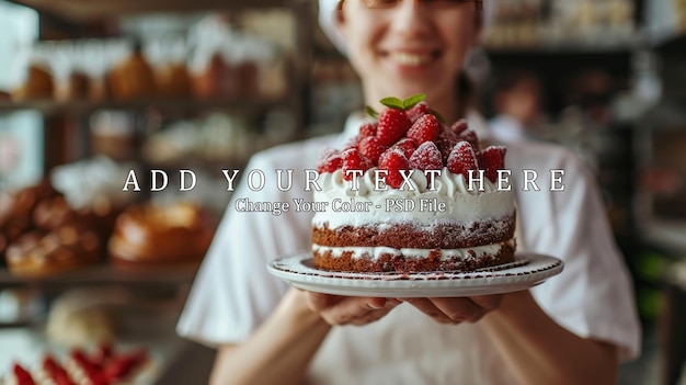 PSD confectioner is holding a cake in her hand