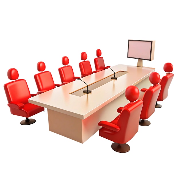 a conference room with a red chair and a board with a picture of a man in a suit sitting at a table