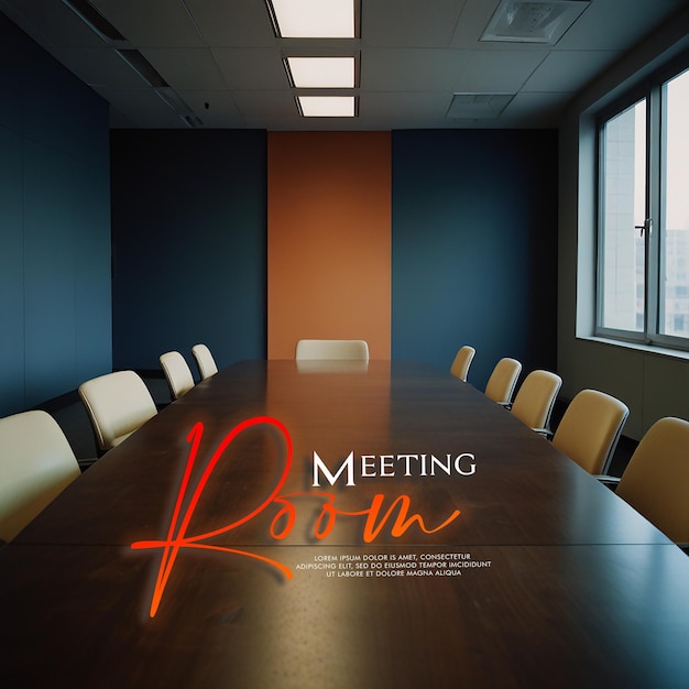 a conference table with a poster that says meeting card on it