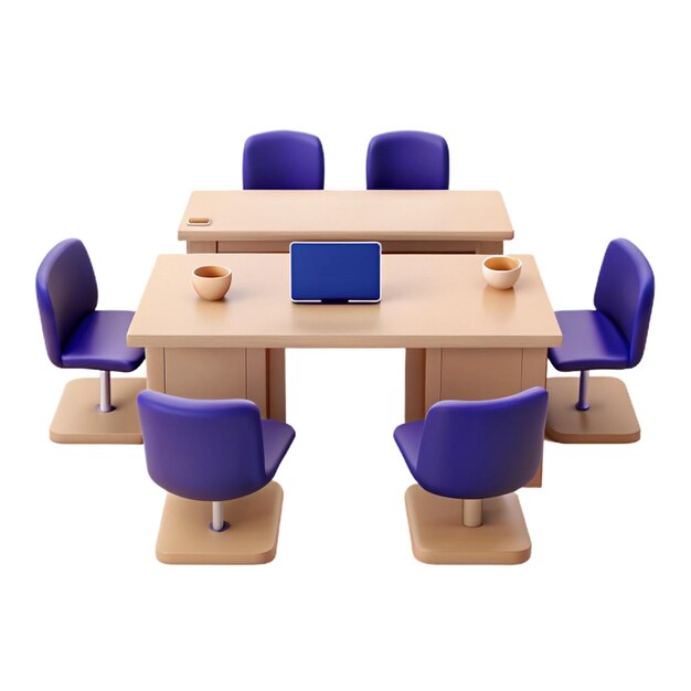 a conference table with purple chairs and a purple table with a blue chair