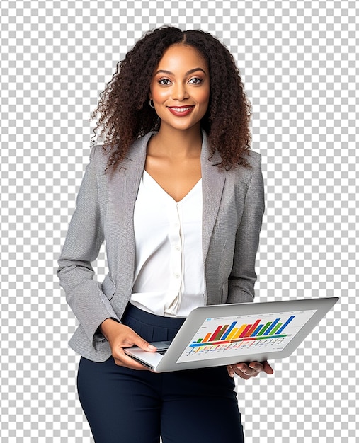 A confident African American businesswoman in a tailored suit holding a tablet