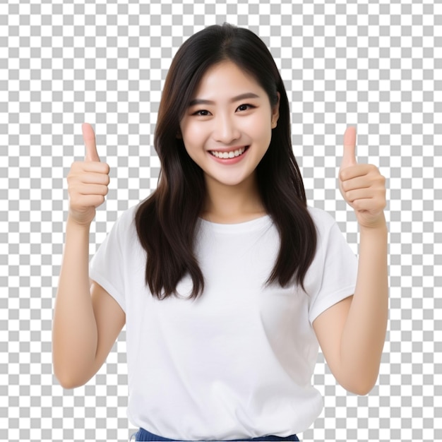 confident asian woman showing thumb up in approval recommending like smth good standing over