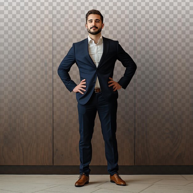 Confident Businessman in Navy Suit Against Dark Oak Backdrop