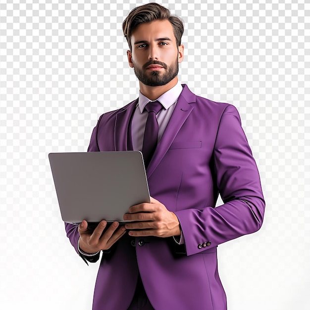 Confident Businessman in Purple Suit Holding Laptop