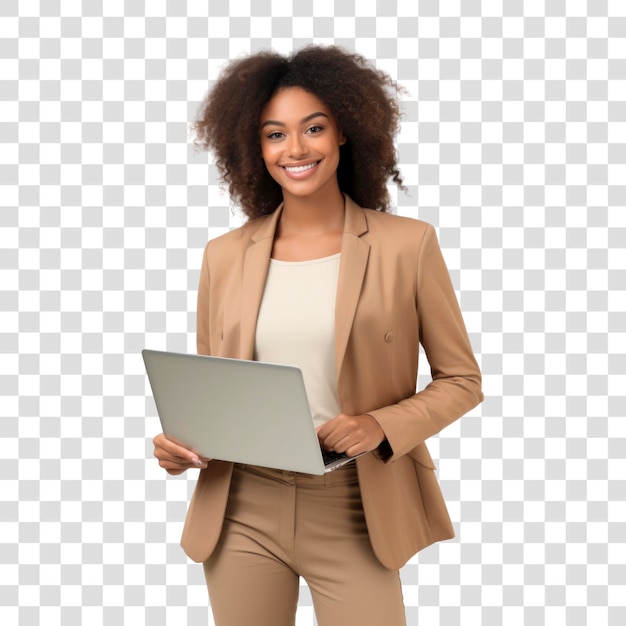 Confident businesswoman holding laptop