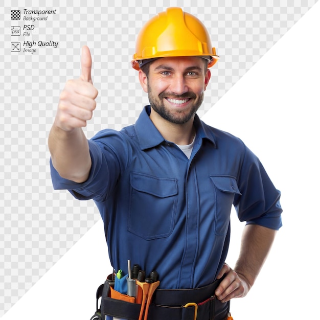 Confident construction worker giving thumbs up with tools