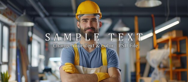 Confident Construction Worker in Yellow Hard Hat and Gloves