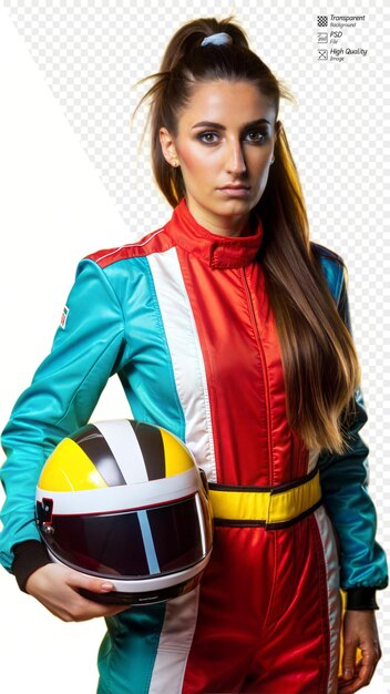 PSD confident female race car driver in colorful suit holding helmet on transparent background