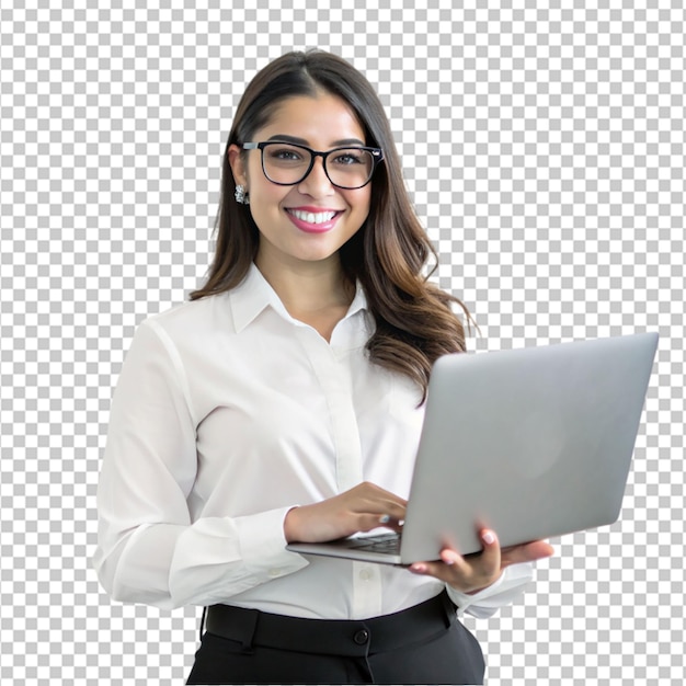 PSD confident hispanic manager woman in glasses on transparent background