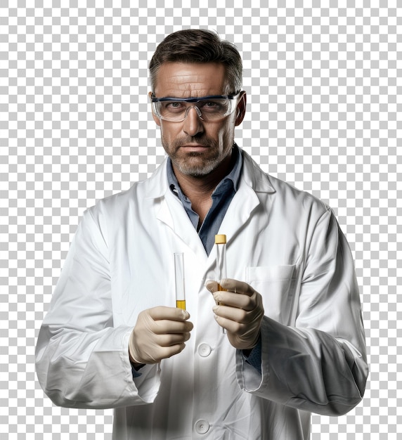 PSD confident male doctor holding medical tool isolated on transparent background