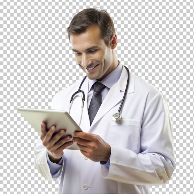 PSD confident male doctor in white coat using a tablet on transparent background