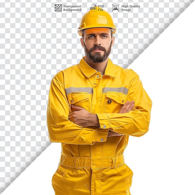 PSD confident plumber in yellow suit on transparent background