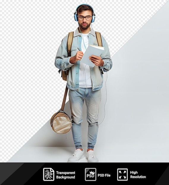 Confident student in casual attire with glasses and backpack making notes in front of white wall