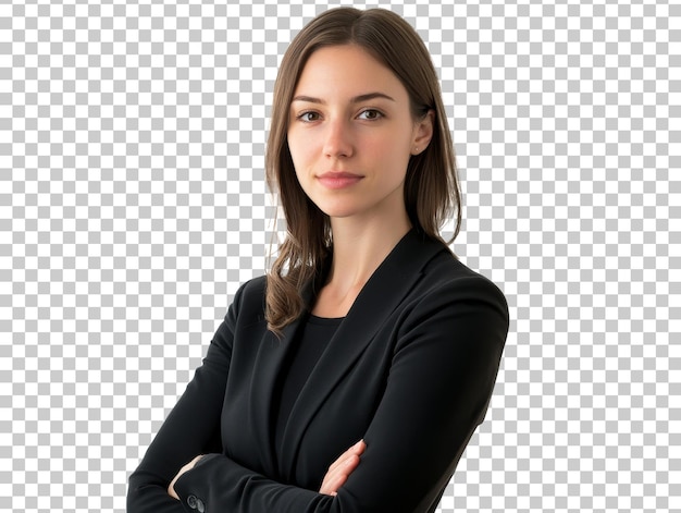 PSD confident woman in a black blazer with arms crossed indoors transparent