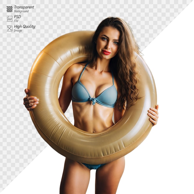 PSD confident woman in blue bikini holding a pool inflatable