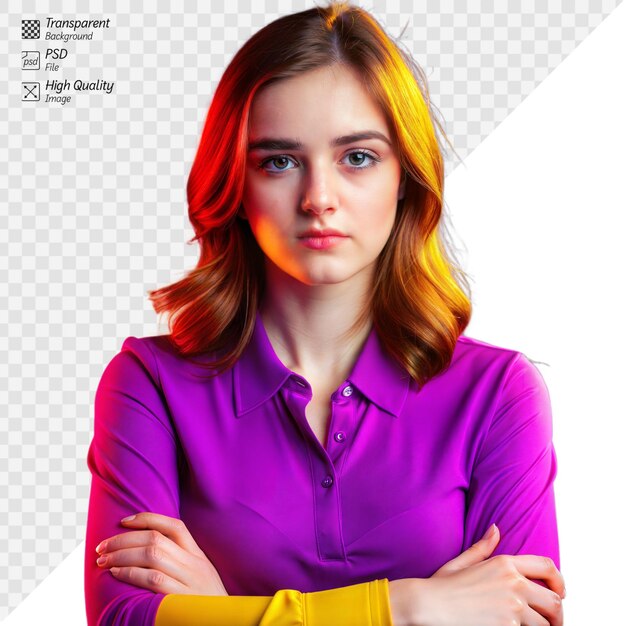 PSD confident woman in colorful lighting with arms crossed on transparent background