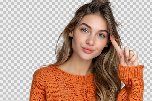 Confident woman dressed orange sweater pointing finger empty space on isolated transparent background