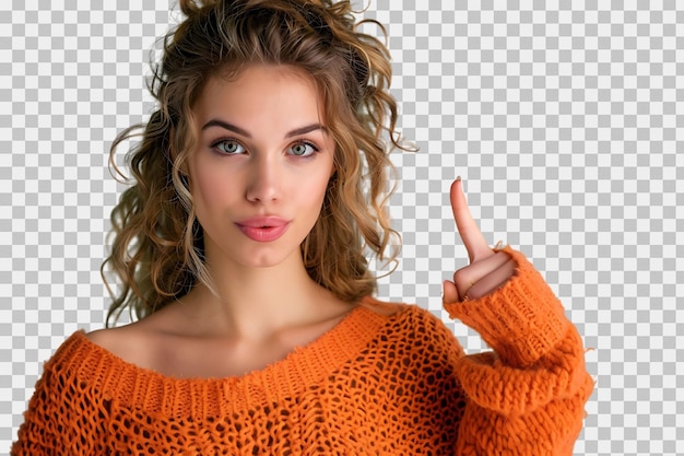 Confident woman dressed orange sweater pointing finger empty space on isolated transparent background