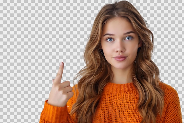 Confident woman dressed orange sweater pointing finger empty space on isolated transparent background