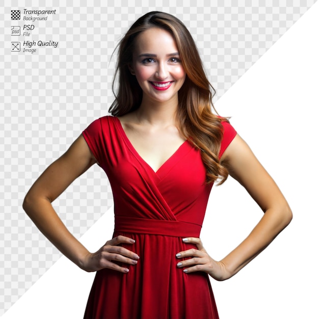 Confident woman in elegant red dress with transparent background