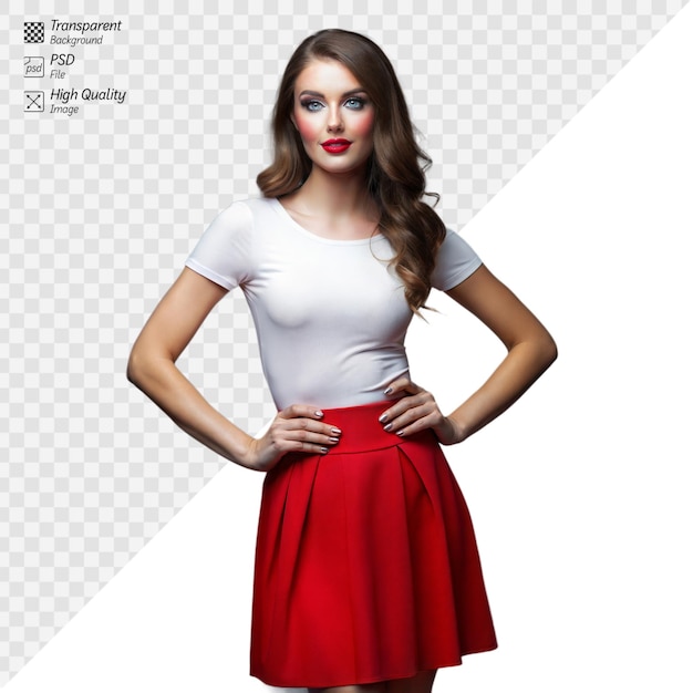 Confident woman posing in red skirt on transparent background