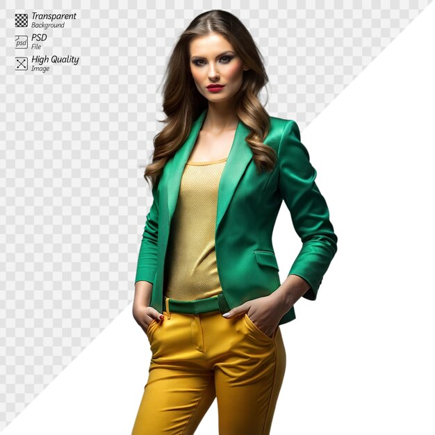 PSD confident woman in vibrant fashion outfit on transparent background