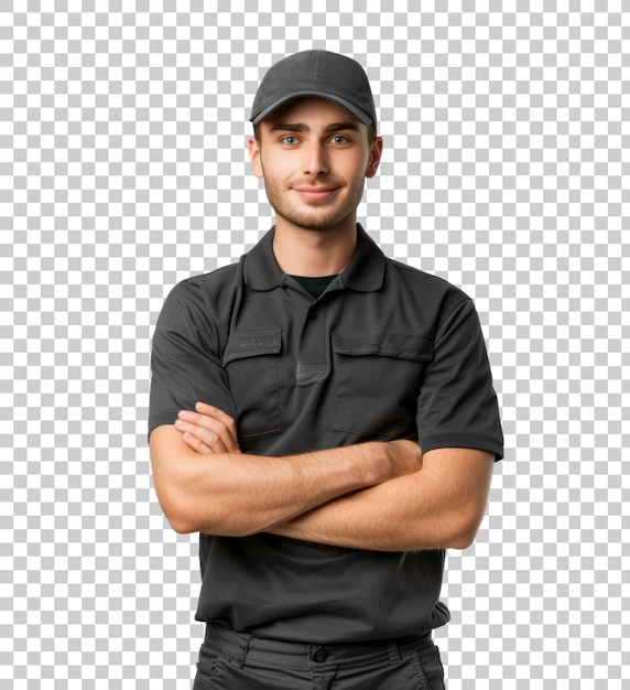 Confident young delivery boy with arms crossed isolated on transparent background