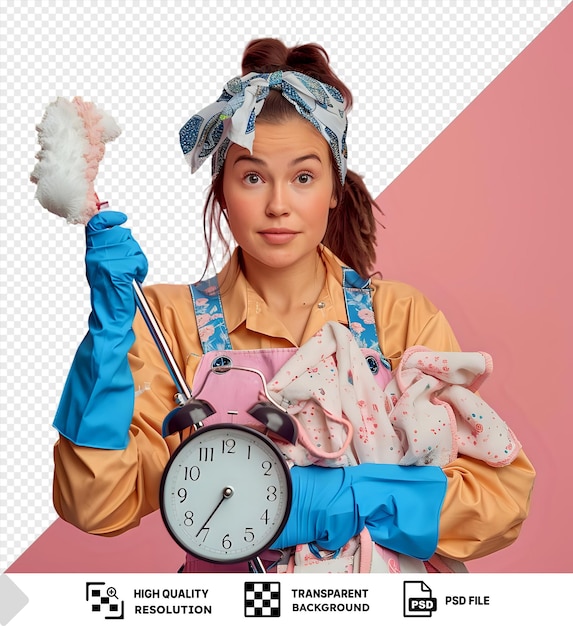 PSD confident young female cleaner wearing uniform bandana and rubber gloves showing clock and cloth duster looking camera on pink background