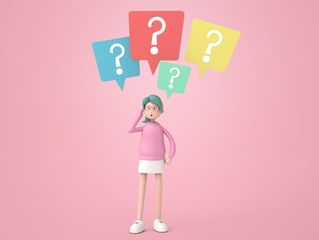 Confused woman with question mark in think bubble isolated background