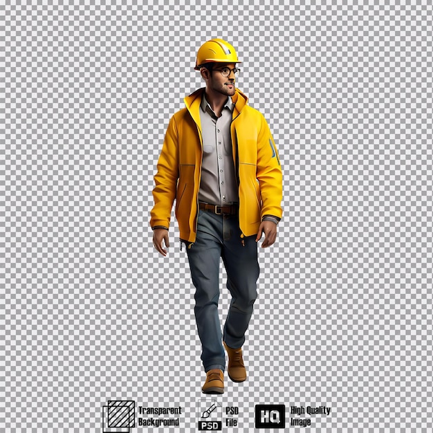 construction architect in yellow jacket walking pose animation isolated on transparent background 3