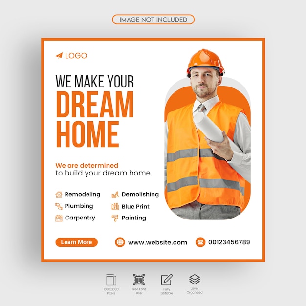 Construction and house renovation real estate services social media web banner design Premium PSD