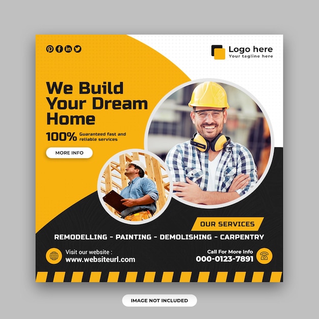 Construction and house renovation services social media post and web banner design template