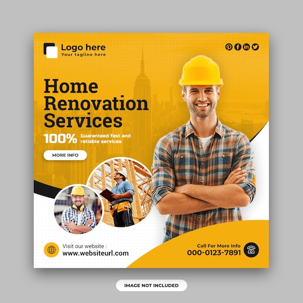 Construction and house renovation services social media post and web banner design template