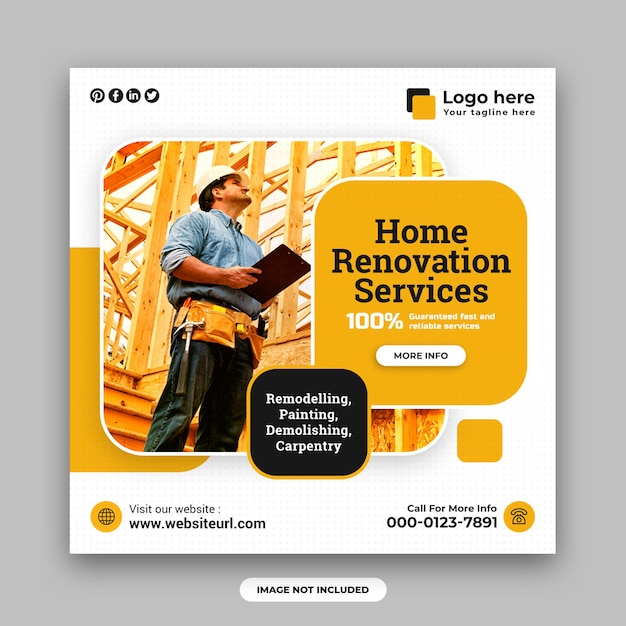 Construction and house renovation services social media post and web banner design template