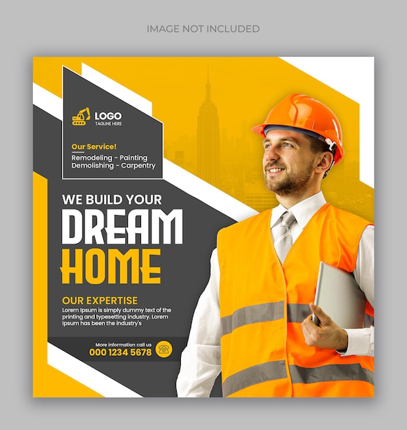 Construction and house renovation services social media post and web banner design template