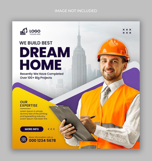 Construction and house renovation services social media post and web banner design template