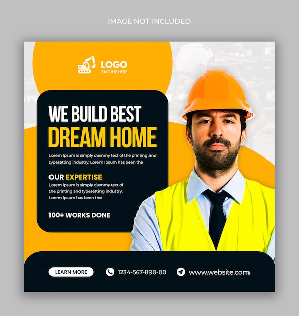 Construction and house renovation services social media post and web banner design template