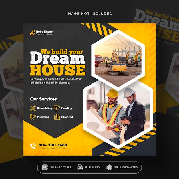 construction and house services social media post and web banner design template