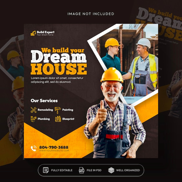 construction and house services social media post and web banner design template