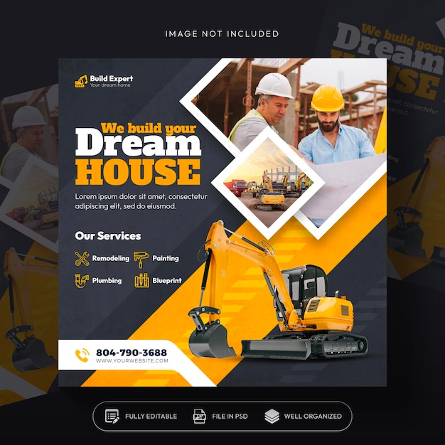 construction and house services social media post and web banner design template