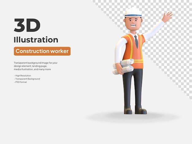 Construction manager wearing safety helmet and vest holding folded blueprint 3D render illustration