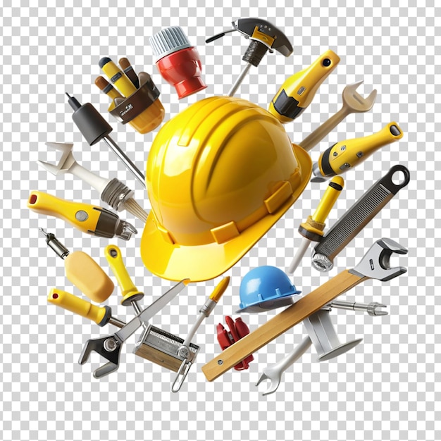 PSD construction manufacturing tools with yellow safety helmet and labor day worker on transparent background